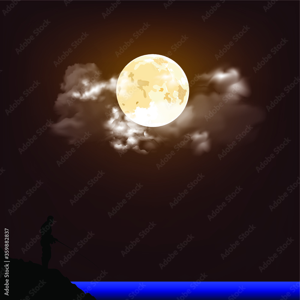 Fisherman night fishing with a cloudy moonlit sky background Fisherman night fishing with a cloudy moonlit sky background