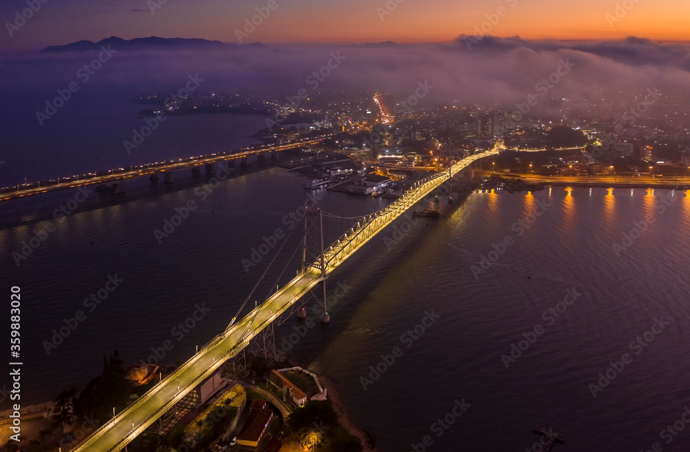 Fototapeta premium Hercilio Luz bridge at sunset, view from the top, Forianopolis, Santa Catarina, Brazil