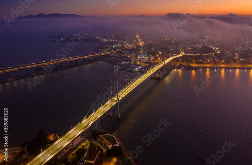 Hercilio Luz bridge at sunset, view from the top, Forianopolis, Santa Catarina, Brazil