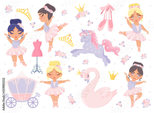 Seth ballet. Beautiful little ballerinas, princess swan, crown, diadem, pointe shoes, flowers, mannequin. Vector children's illustration.