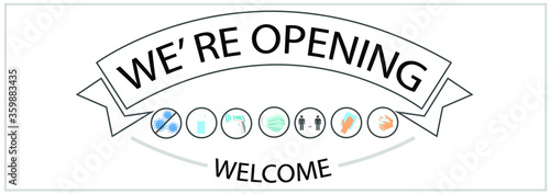 REOPENING text and practical prevention tips for the prevention of COVID19 coronavirus contamination. Service, restaurant, shop and cafe re-opening. Template: door sign, banner, blog.