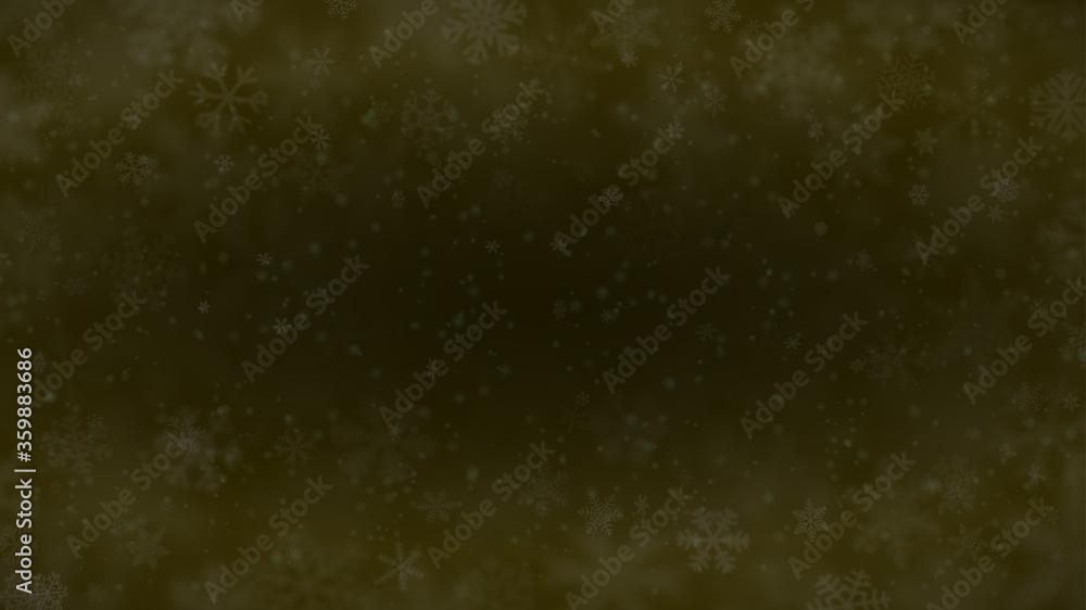 Christmas background of snowflakes of different shapes, sizes, blur and transparency in dark yellow colors