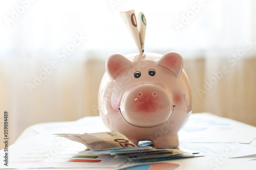 pig piggy bank with money, euro banknote photo