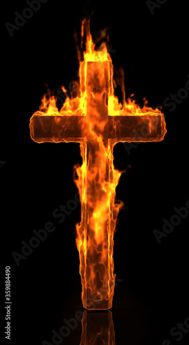 Burning in the fire Christian cross on a black background. 3 D illustration.