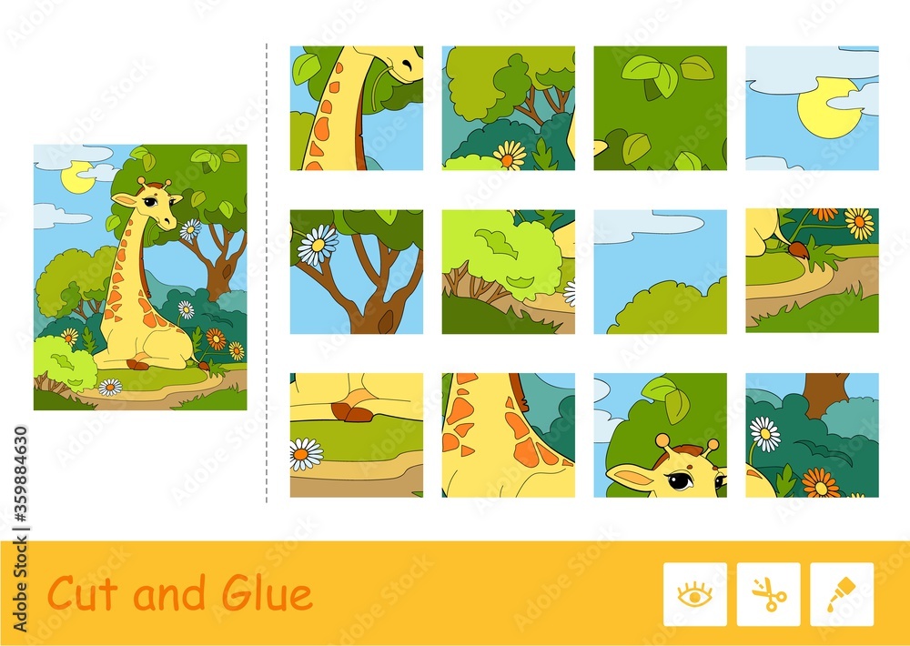Cut and glue vector puzzle learning children game with colorful image of a giraffe eating a flower in a woodlands. Wild animals educational activity for kids.