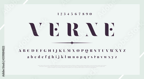Elegant stylish font. Modern serif typeface. English alphabet. Set of letters - uppercase, lowercase and numbers. Vector illustration.