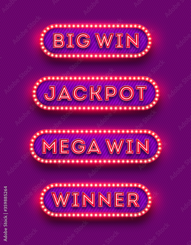 Big win, jackpot, mega win, winner neon light retro signboard . Big