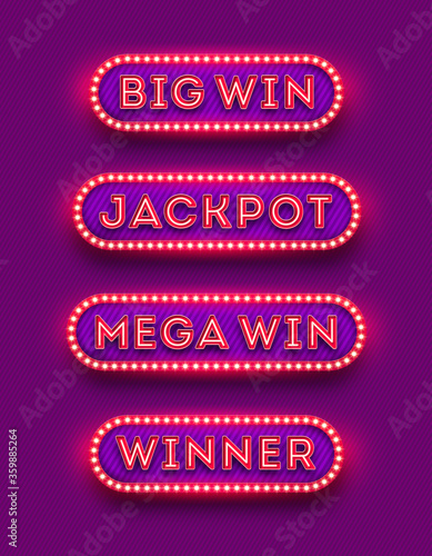 Big win, jackpot, mega win, winner - neon light retro signboard . Big win, jackpot, mega win, winner - light bulb frame signboard. Big win logo. Jackpot logo. Mega win logo. Winner logo. Vector.