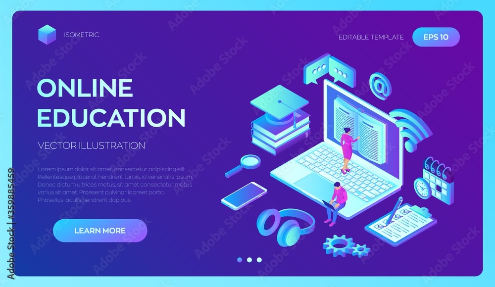 E-learning. Innovative online education and distance learning concept. Webinar, seminar, conference, teaching, online training courses. Skill development. 3D isometric vector with icons and characters E-learning. Innovative online education and distance learning concept. Webinar, seminar, conference, teaching, online training courses. Skill development. 3D isometric vector with icons and characters