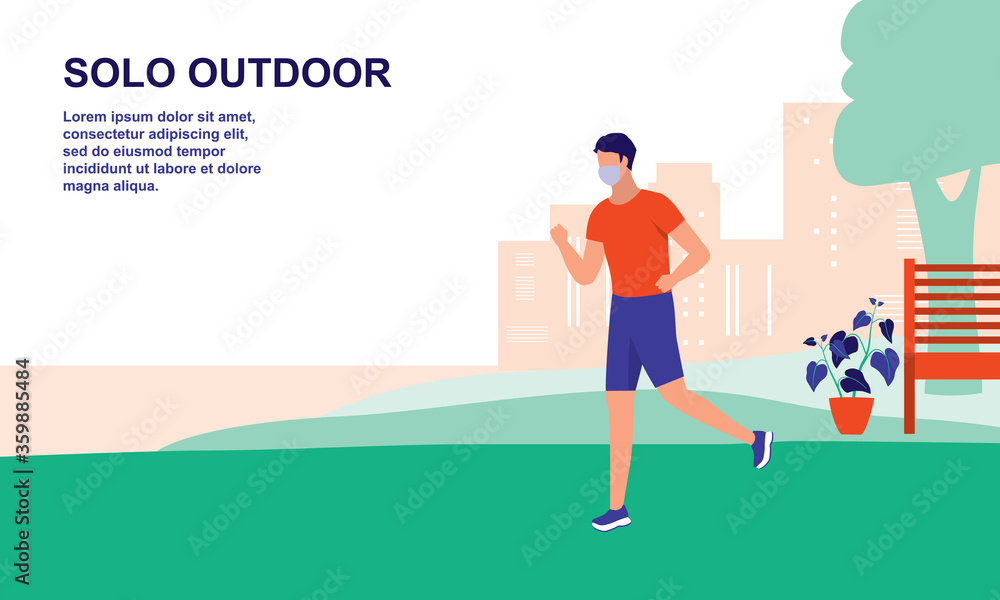 Fototapeta premium One Man With Face Mask Exercising In The Park. Full Length. Flat Design.