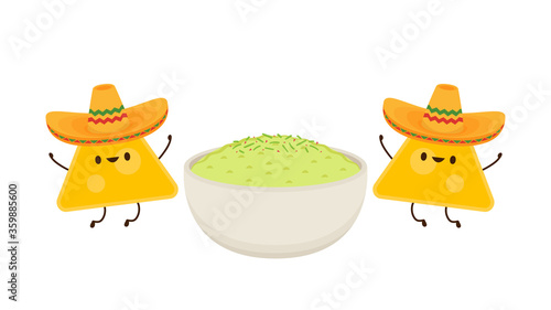 Nacho dip in bowl. Nacho character design. Avocado dip. Sauce cup vector.