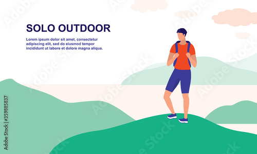 One Young Man With Backpack Hiking Alone On A Mountains. Full Length. Flat Design. © simplehappyart