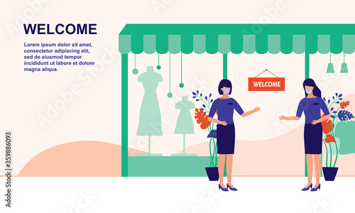 Female Saleswoman With Face Mask Standing In Welcoming Gesture. Reopening For Business After The Post-Coronavirus Pandemic. Full Length. Flat Design.