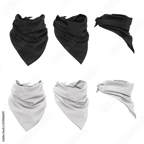 White and black bandana tied around the neck. Front and side views. 3d illustration of a realistic scarf, neckerchief, bandana. Template, mockup for design, logo, branding.