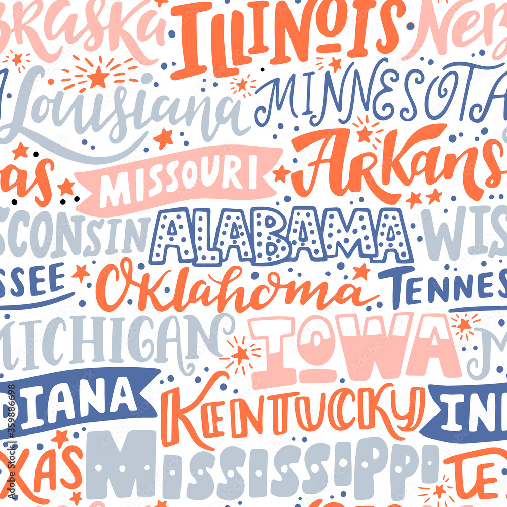 Vector seamless pattern with USA states. Illinois, Nebraska, Louisiana, Arkansas, Missouri, Wisconsin, Alabama, Tennessee, Oklahoma, Michigan, Iowa, Indiana, Kentucky, Texas, Mississippi