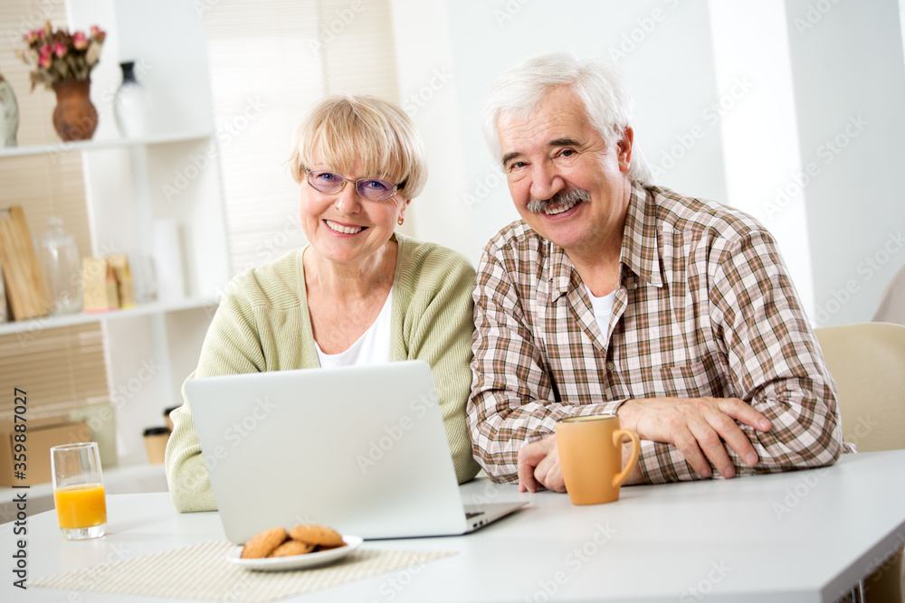 Happy elderly couple with laptop smiling at camera Happy elderly couple with laptop smiling at camera