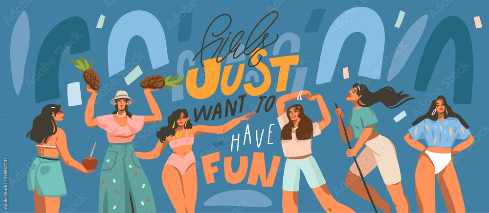 Fototapeta premium Hand drawn vector abstract stock graphic illustration with young smiling females dancing party at home and handwritten lettering quote isolated on blue collage background
