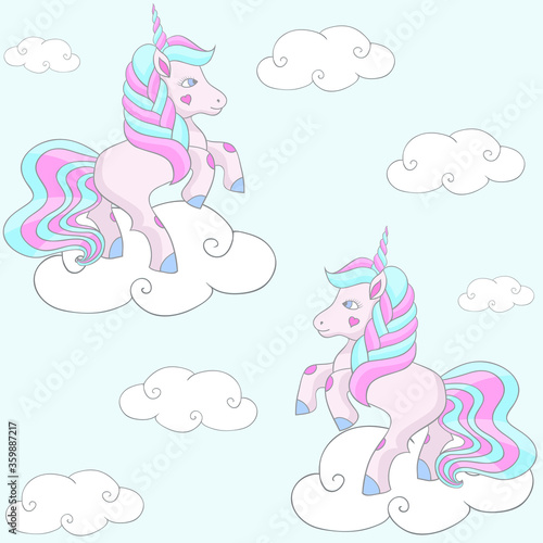 Seamless pattern with unicorn pony and cloud. Cute magic cartoon fantasy cute animal. Dream symbol. Design for children.
