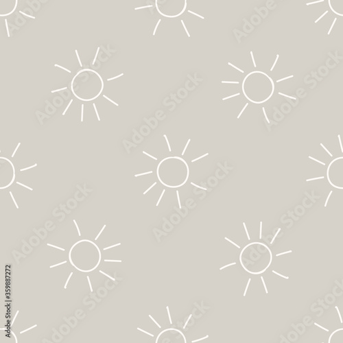 Seamless background sun in sky gender neutral baby pattern. Simple whimsical minimal earthy 2 tone color. Kids nursery wallpaper or boho cartoon animal fashion all over print.