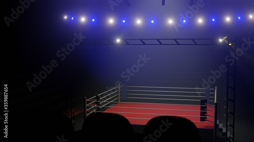 3D boxer arena. Isolated empty boxing ring with light. 3D rendering. Boxing ring with illuminated spotlights. Background