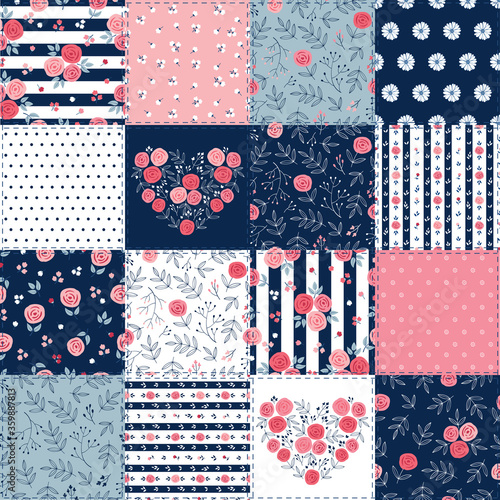 Cute vintage patchwork background with different flowers and leaves patterns for fashion, textile, gift wrap, wallpapers, print and scrapbook. Vector illustration.
