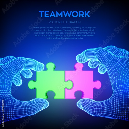 Connected red and green puzzle pieces in wireframe hands. Jigsaw parts as a symbol of association and connection. Business solutions, strategy and success. Teamwork concept. Vector Illustration.