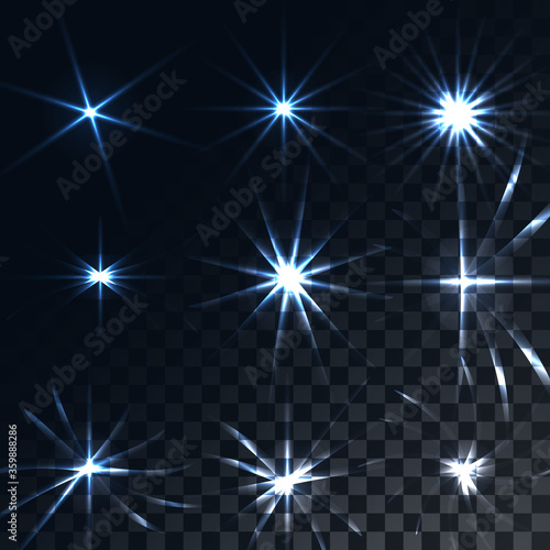 Set of bright luminous blue transparent sunshine, flares, glare of energy rays, stars on a translucent dark and checkered black background from squares. Vector illustration