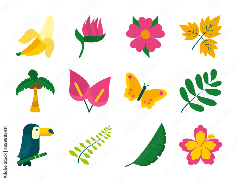 butterfly and tropical leaf icon set, line style