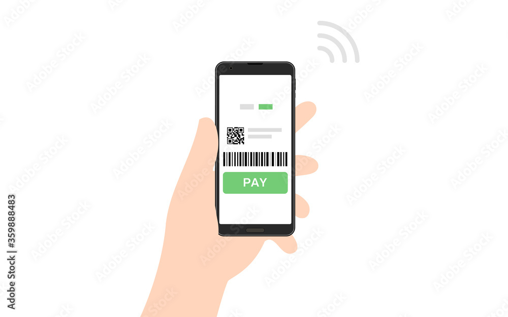 スマホ決済アプリで支払いをするキャッシュレスのイメージイラスト スマホ決済アプリで支払いをするキャッシュレスのイメージイラスト