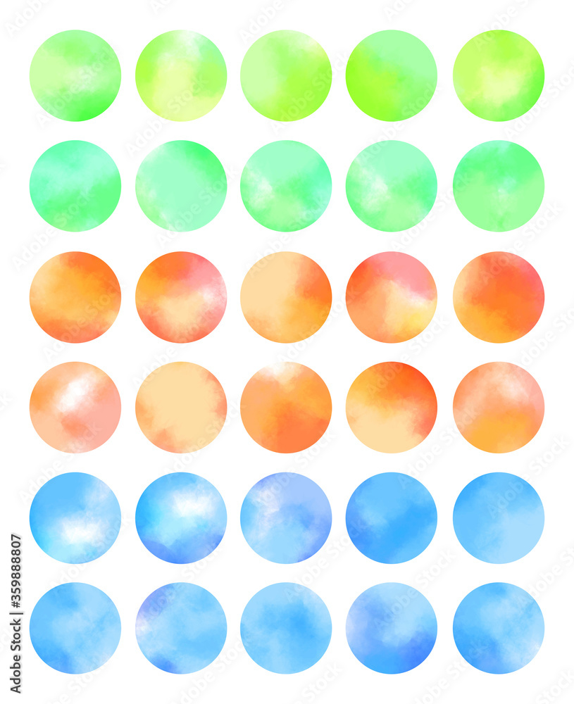 Multicolored collection of watercolor circles for different seasons. Vivid design elements for packaging, crafts, scrapbook, boxes, banners, cards, logos