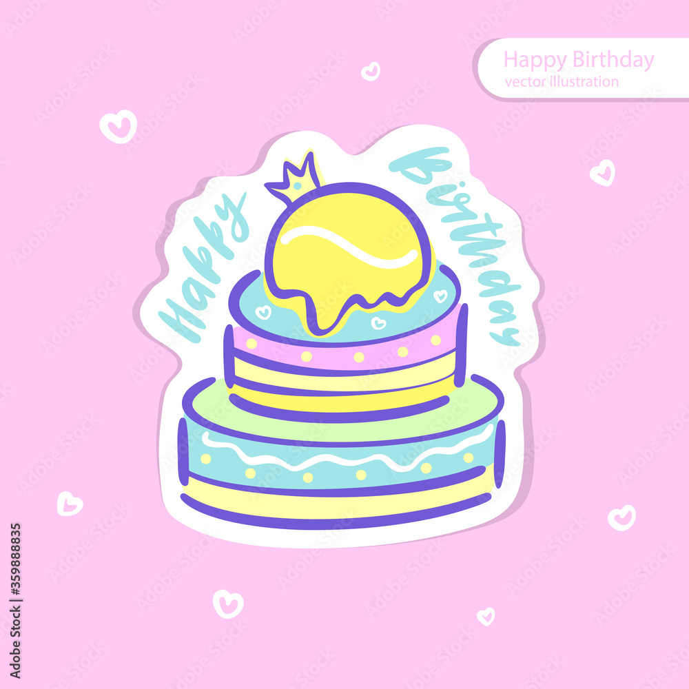Vector illustration with cake and tennis ball, sticker. Design for invitation to a sports party, birthday.. Vector illustration with cake and tennis ball, sticker. Design for invitation to a sports party, birthday..