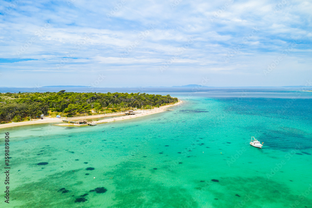 Obraz premium Aerial view of beautiful lagoon on Adriatic seascape paradise on the island of Pag in Croatia.