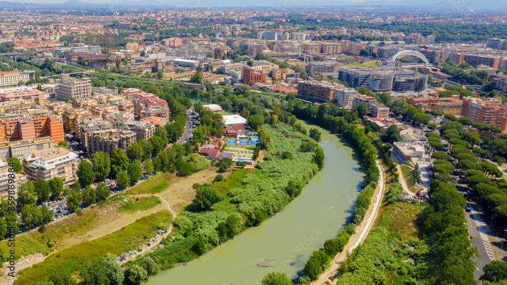 Aerial view of the Gasometer between Ostiense and Portuense district in Rome. 