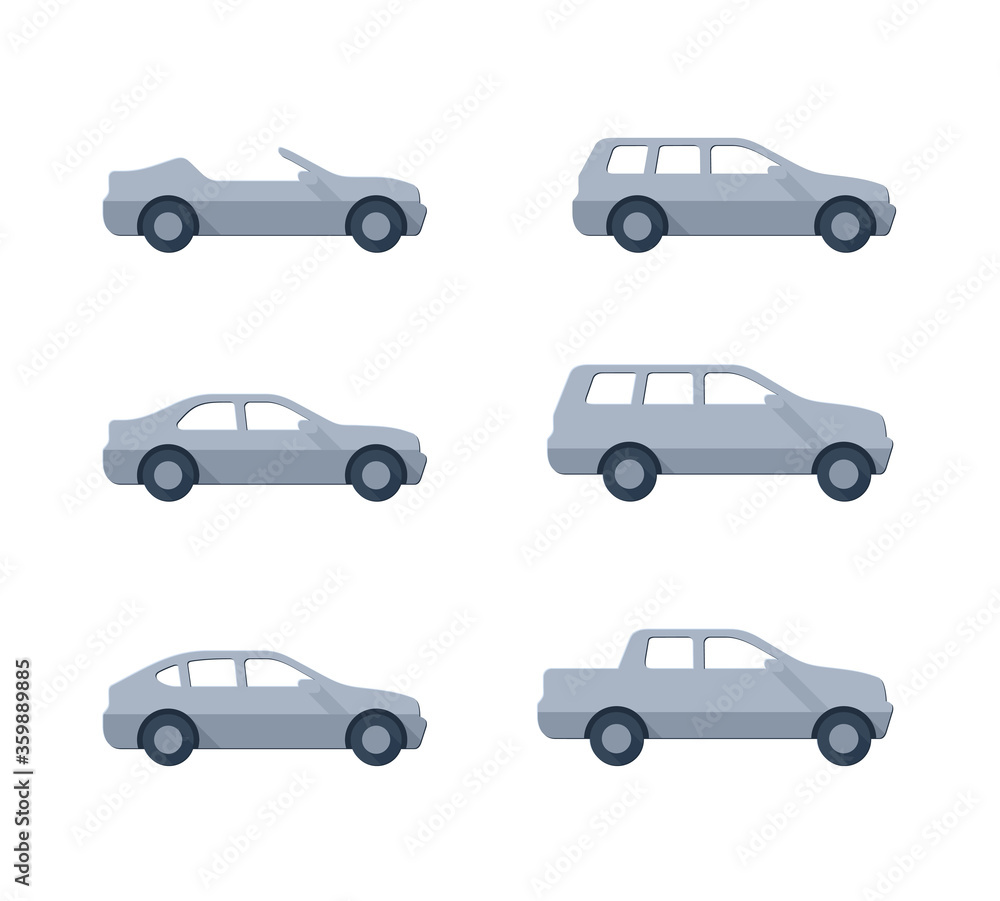 Vector cars - set of vector flat automobiles with different car body - sedan, offroad, roadster, pickup, universal, hatchback - icons collection