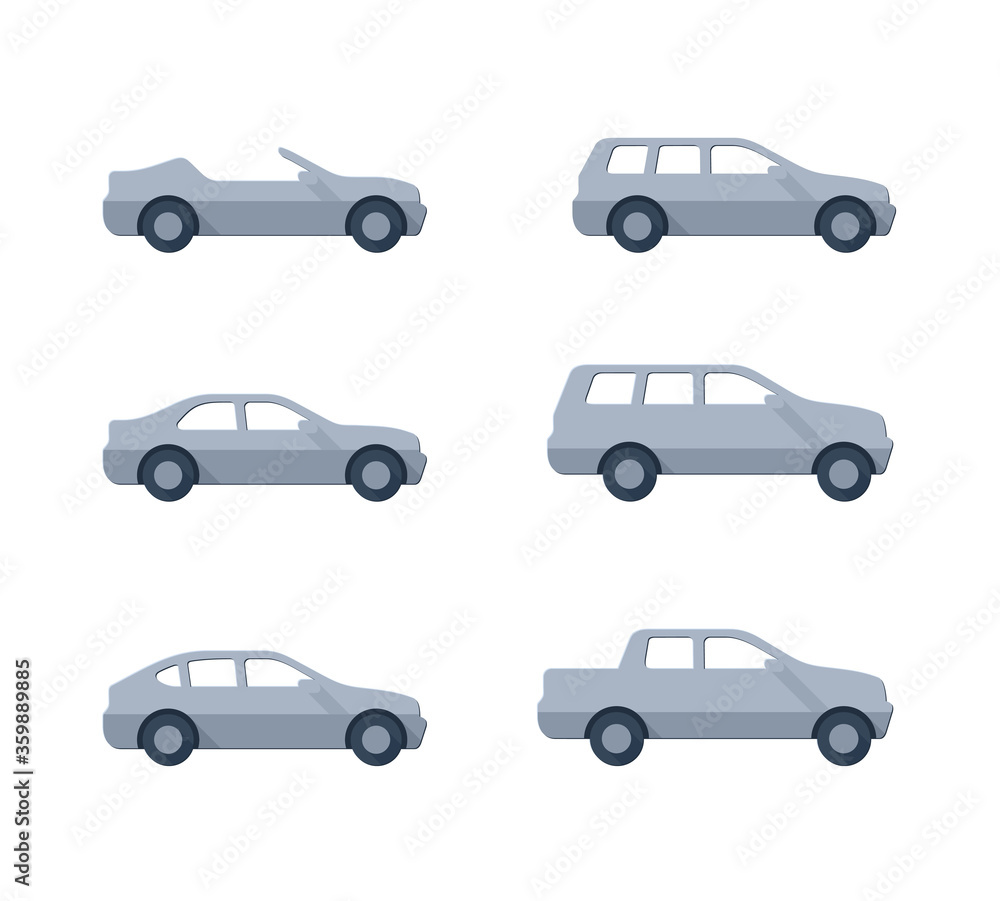 Vector cars - set of vector flat automobiles with different car body - sedan, offroad, roadster, pickup, universal, hatchback - icons collection Vector cars - set of vector flat automobiles with different car body - sedan, offroad, roadster, pickup, universal, hatchback - icons collection