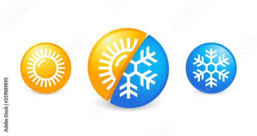 Hot and cold weather climate control - flat vector icons with symbols of sun and snowflake - climate difference, climat change, thermometer - temperature index  visualization