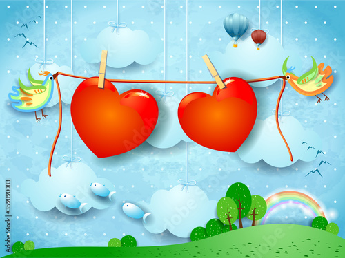 Fantasy landscape with flying birds and hanging hearts
