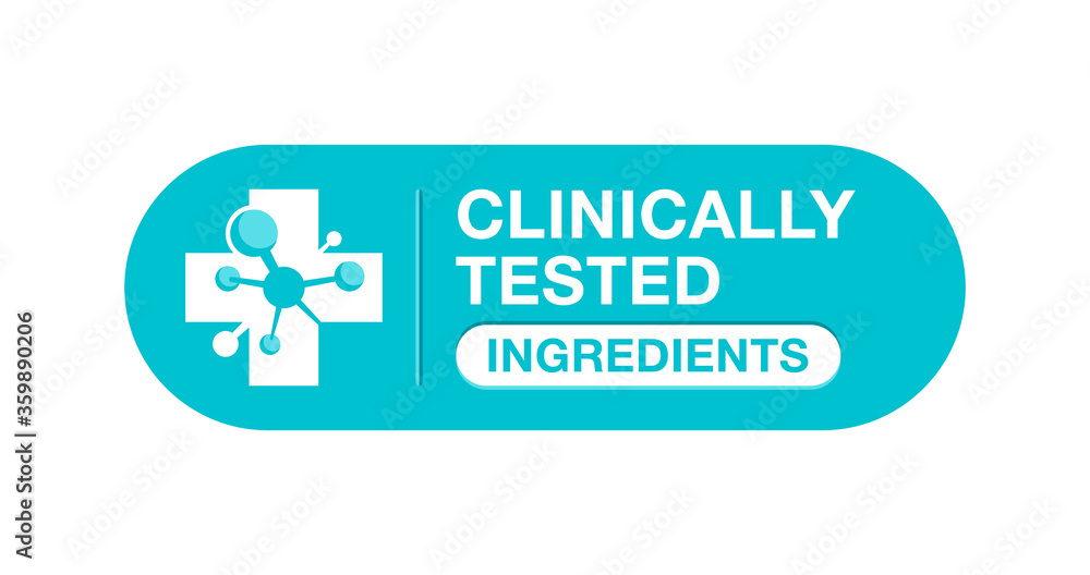 Clinically tested ingredients marking - isolated sticker - circle text, medical cross and molecular structure - for healthy food products and cosmetics packaging decoration Clinically tested ingredients marking - isolated sticker - circle text, medical cross and molecular structure - for healthy food products and cosmetics packaging decoration
