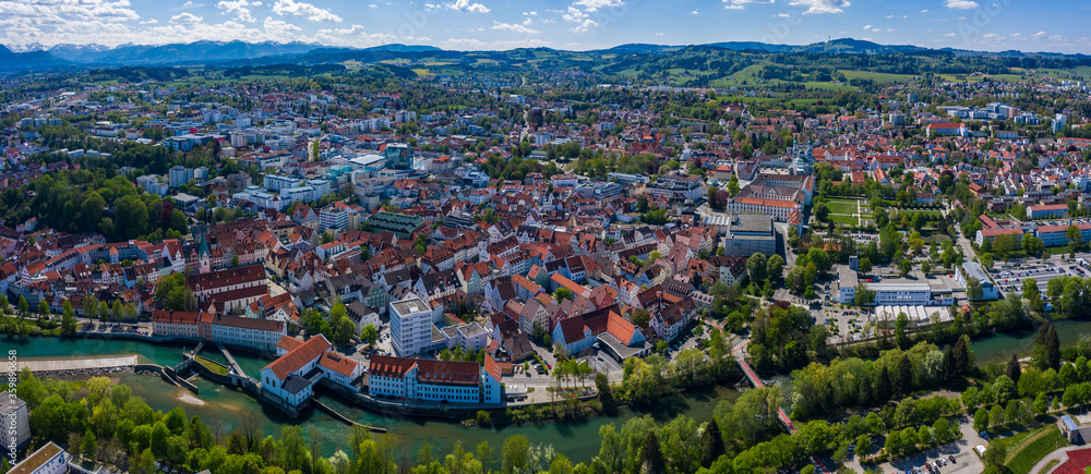  Aerial view of the city Kempten in Germany, Bavaria on a sunny spring day during the coronavirus lockdown.
