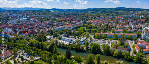 Aerial view of the city Kempten in Germany, Bavaria on a sunny spring day during the coronavirus lockdown. 