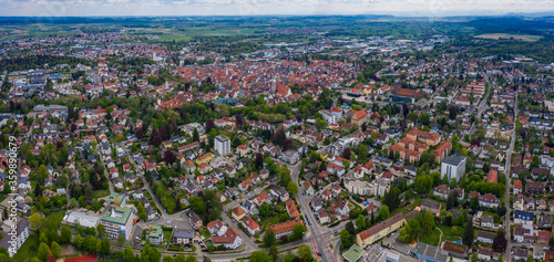 Aerial view of the city Memmingen in Germany, Bavaria on a sunny spring day during the coronavirus lockdown. 