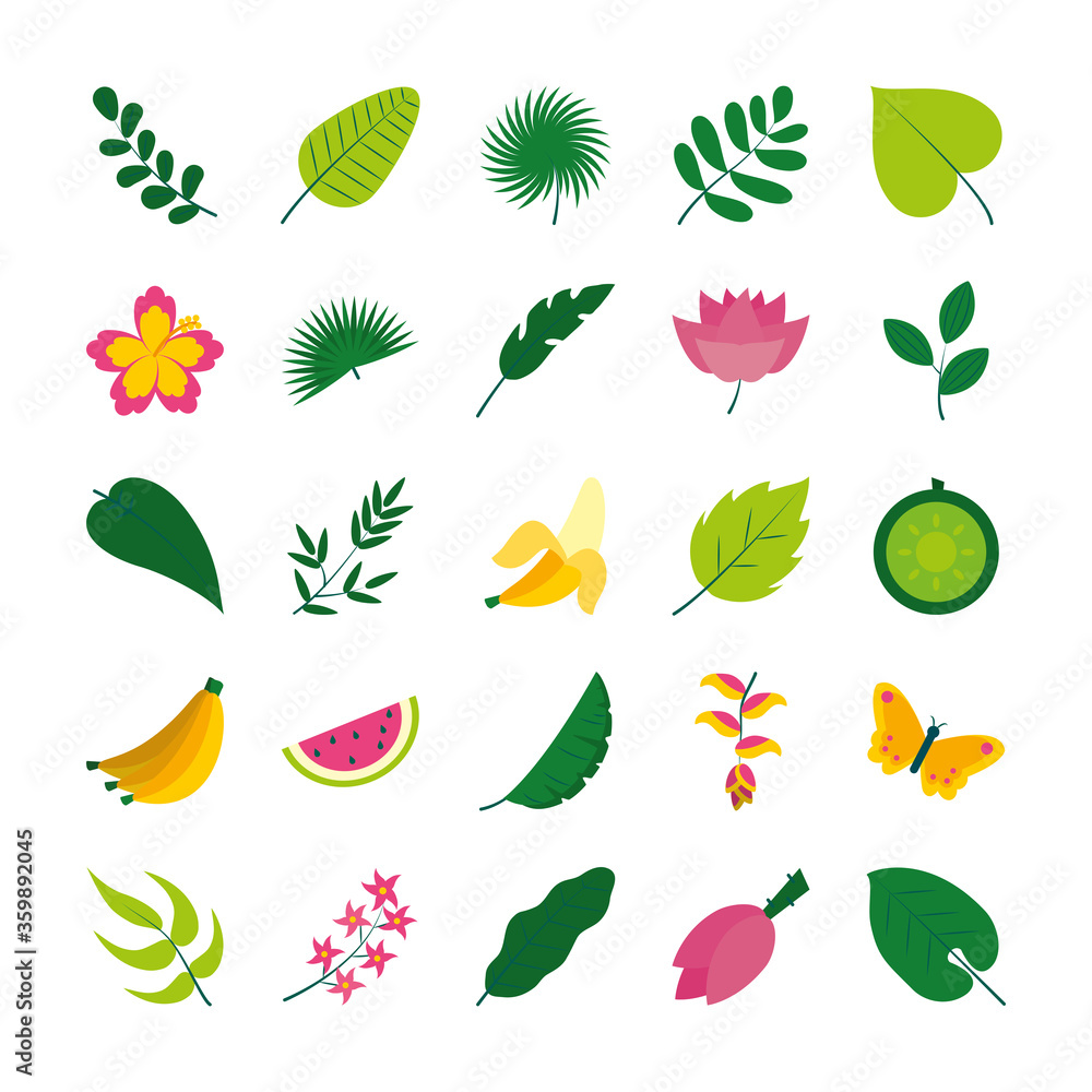 tropical fruits and flowers icon set, flat style