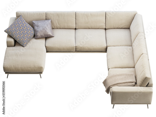 Modern beige fabric chaise lounge corner sofa with pillows and plaid. 3d render.