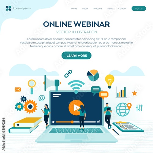 Webinar. Internet conference. Web based seminar. Distance Learning. E-learning concept with icons and characters. Video tutorials. Online courses. Workplace and working on laptop. Vector illustration.