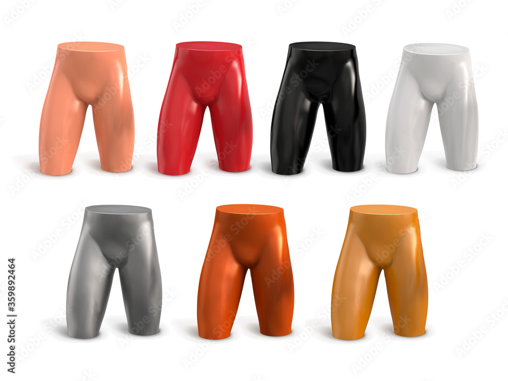 Legs, hips of a man. Plastic mannequin of white, black, beige, red, silver, gold, bronze color. Vector 3d illustration. The human body of a man. Presentation mannequin. Legs, hips of a man. Plastic mannequin of white, black, beige, red, silver, gold, bronze color. Vector 3d illustration. The human body of a man. Presentation mannequin.