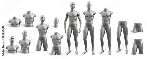 Silver plastic male mannequin. Set from different parts of the body mannequins for clothes. Showcase of a fashionable men's store. Vector 3d realistic illustration isolated on white