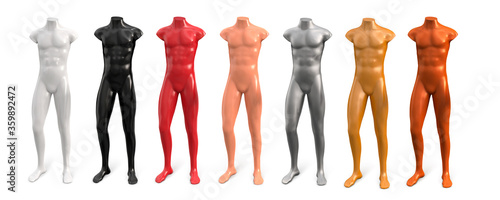 Male slender naked plastic mannequin without head and arms. Male body of white, black, beige, red, silver, gold, bronze color. Vector 3d realistic illustration isolated on white