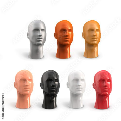 Set male head with face. Plastic vector 3d realistic mannequin. Decor for showcase hats. The human body of a man of white, black, beige, red, silver, gold, bronze color.