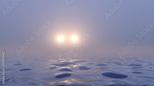 two rays of light in the fog over the sea