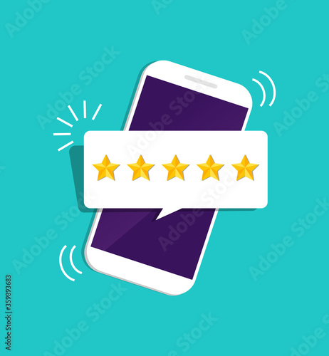 Quality stars rating. Customer review with gold star icon in mobile. 5 stars assessment of customer in flat style. Feedback concept. Quality, appraisal, level rank. Positive review. vector